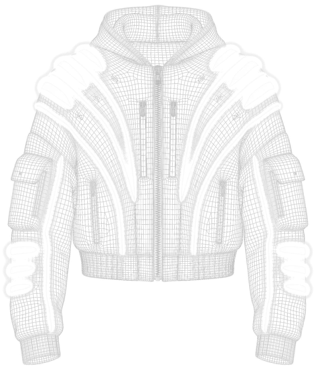 Gill Hoodie, front view with the gill lights on